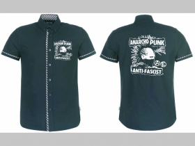 Anarcho punk - Antifascist - pánska čierna hrubšia košela na gombíky s krátkym rukávom a old school károvanými modrobieločervenými lemami s tlačeným logom 100%bavlna 